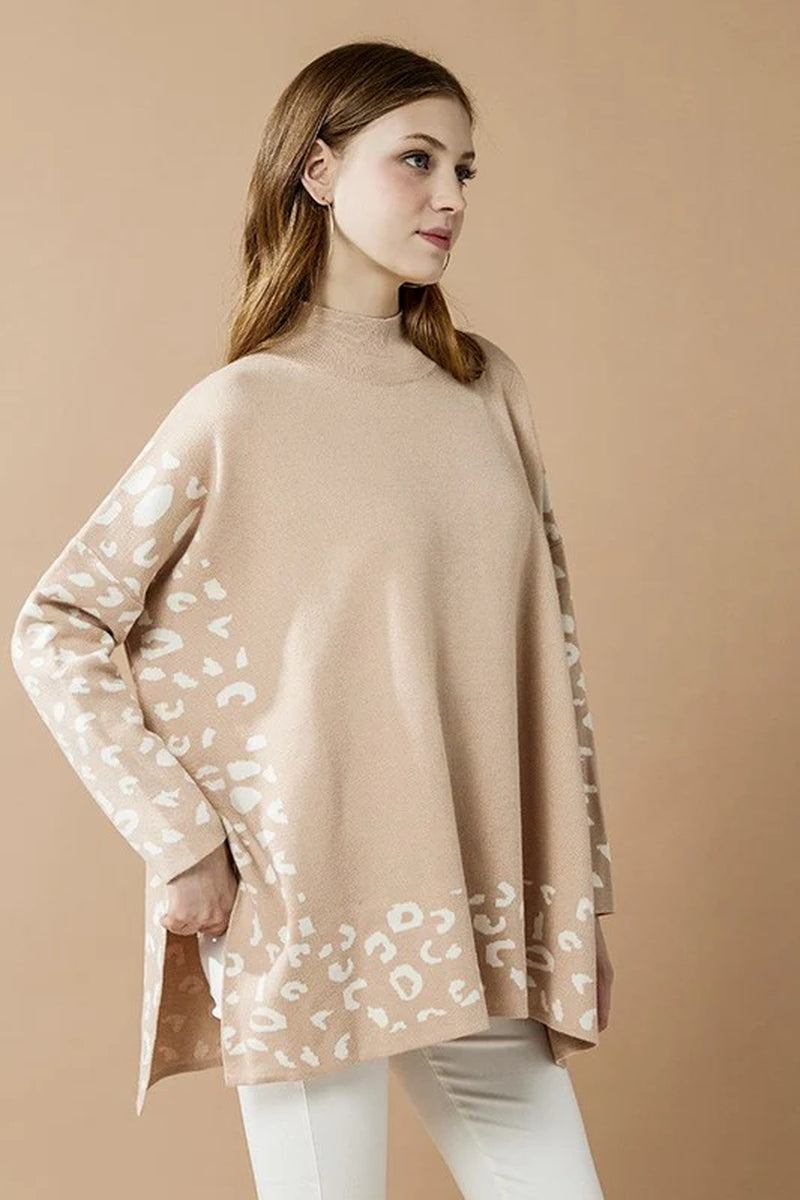 Oversized Mock Neck Leopard Print Sweater Tunic