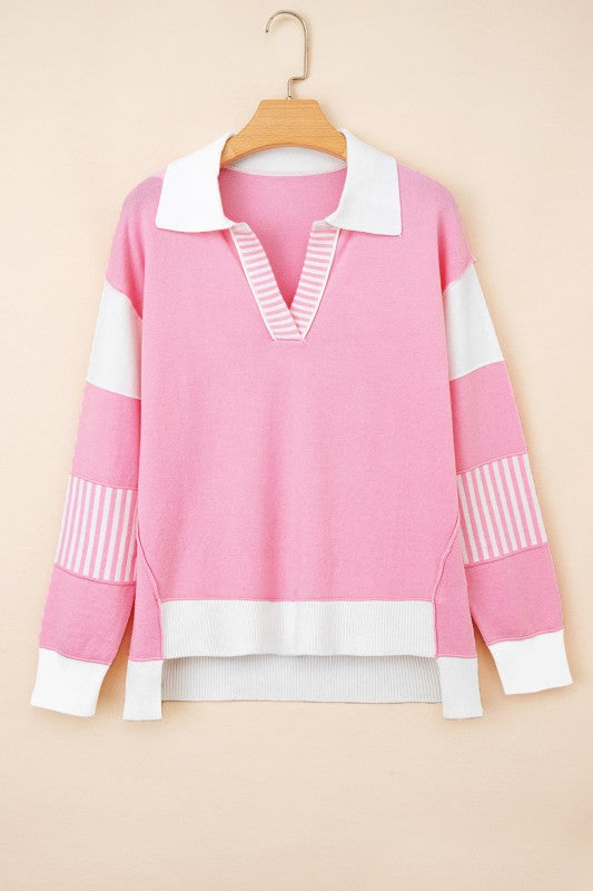 Stripe Colorblock Collared Drop Shoulder Sweater
