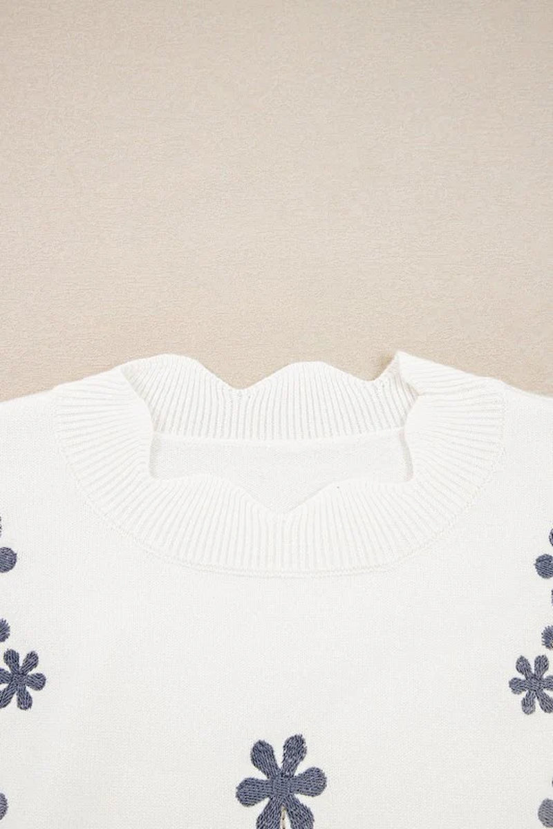 Floral Embroidered Scallop Hem Sweater