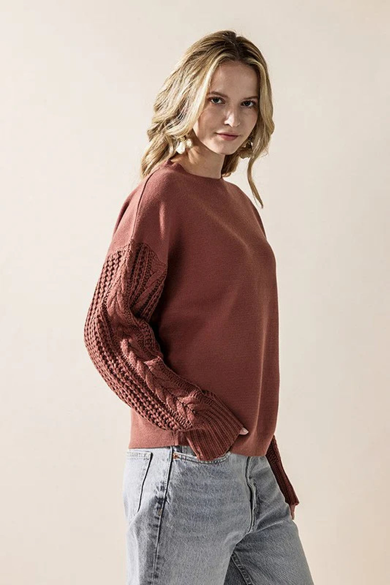 Plus Cozy Solid Body Contrast Cable Knit Sweater
