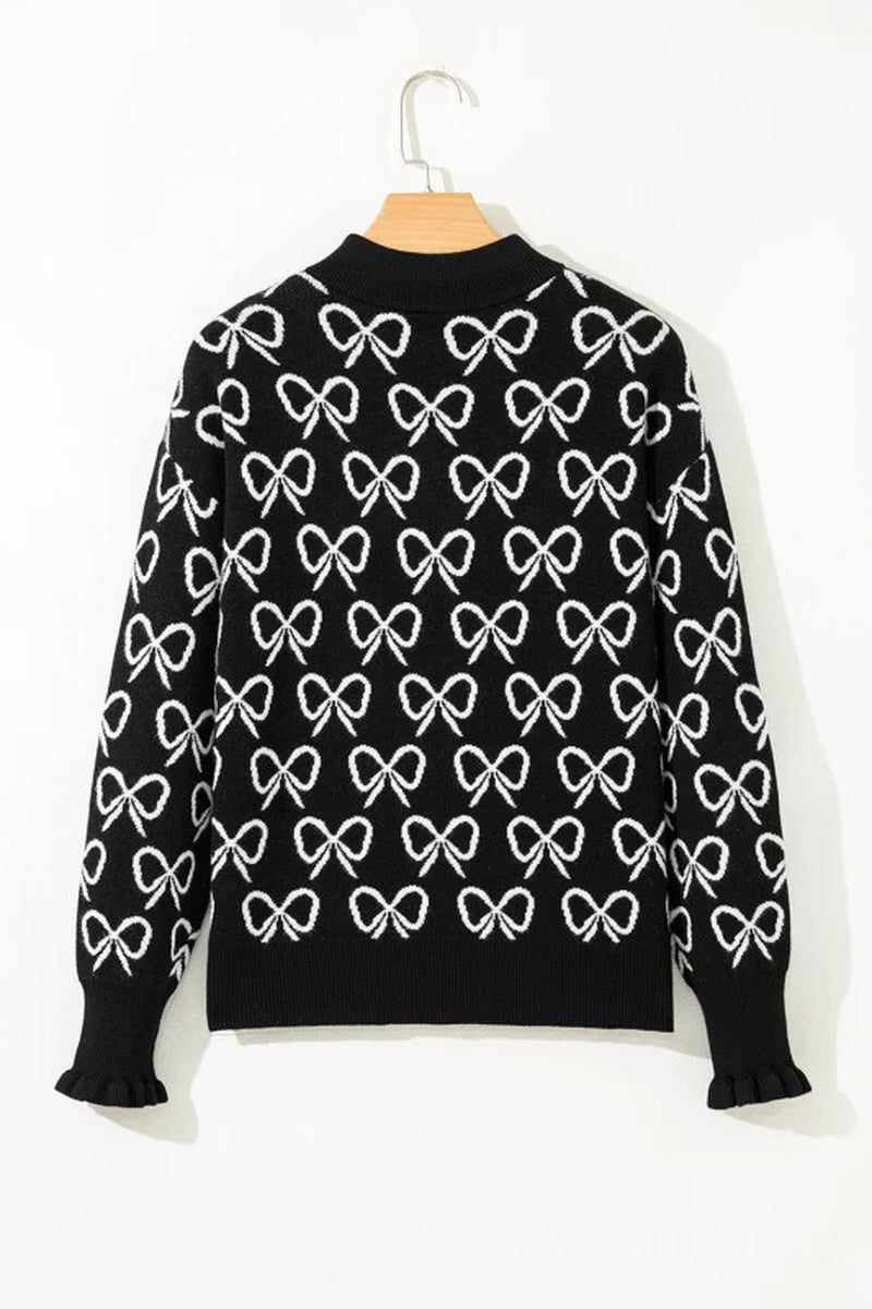 Bow Zipped Collar Drop Shoulder Sweater