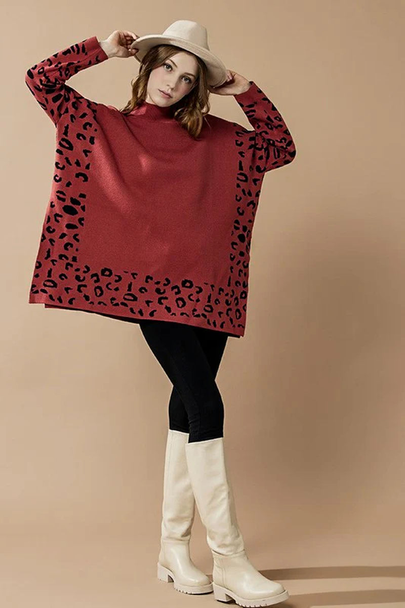 Plus Oversize Mockneck Leopard Print Sweater Tunic