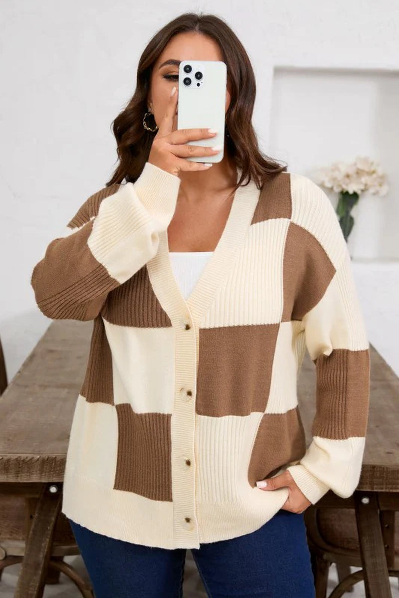 Plus Size Checker Ribbed Knit Buttoned V-Neck Card