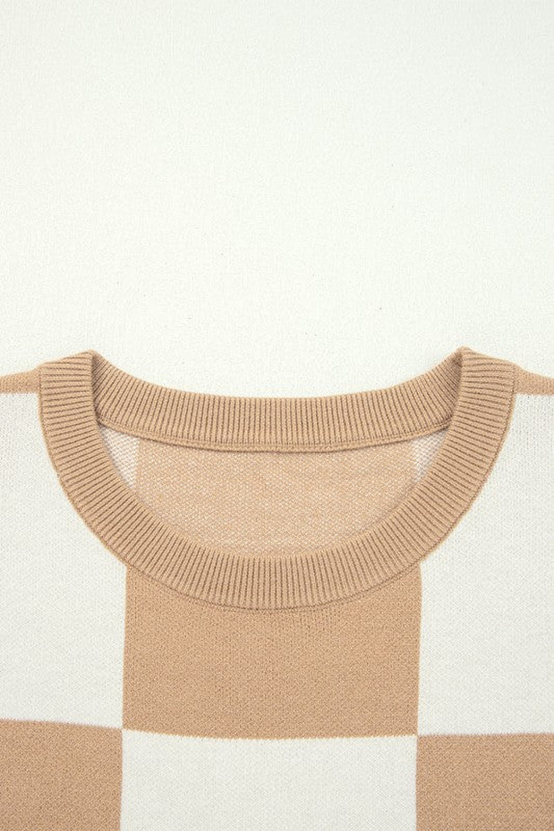 Checker Short Sleeve Drop Shoulder Sweater