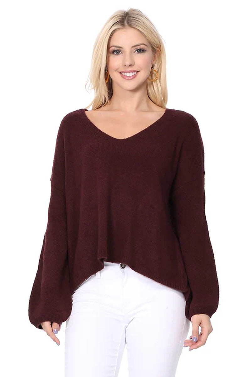 Wide V-Neck Oversized Sweater Top W. Side Slit