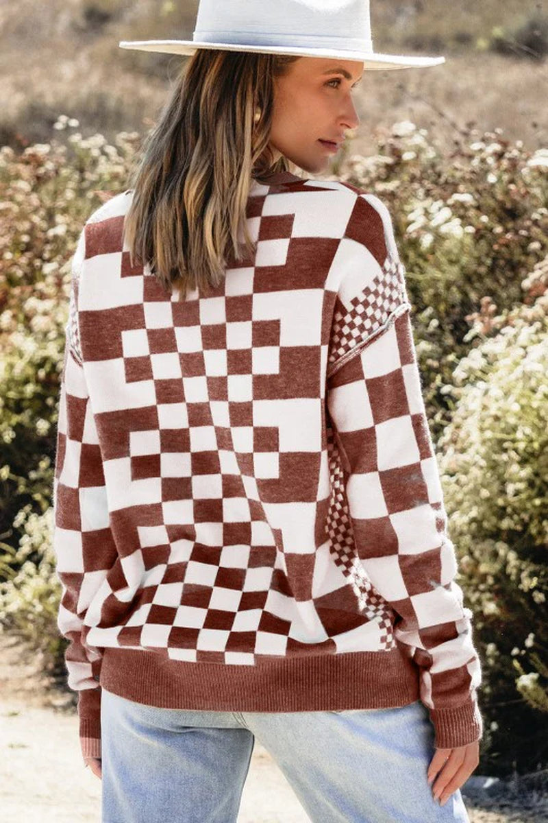 Checker round Neck Drop Shoulder Sweater