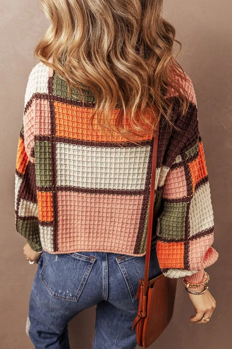 Colorblock Waffle Knit Mock Neck Sweater