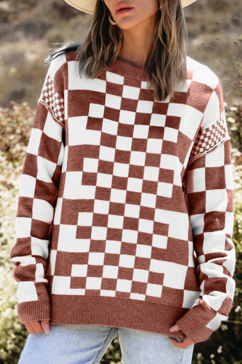 Checker round Neck Drop Shoulder Sweater