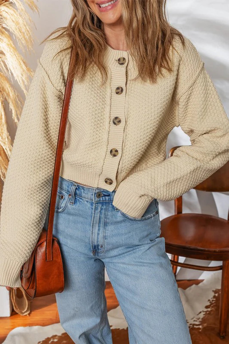 Solid Button-Up Cropped Cardigan Sweater