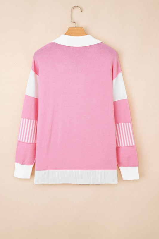 Stripe Colorblock Collared Drop Shoulder Sweater