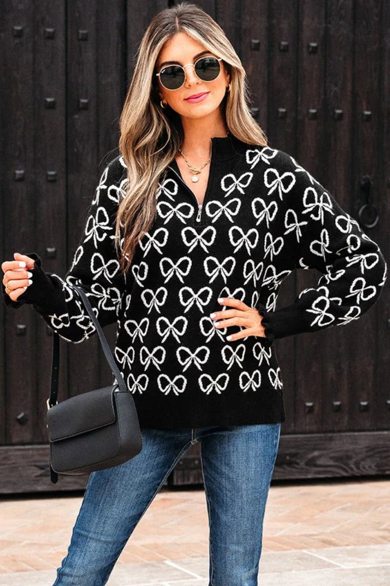 Bow Zipped Collar Drop Shoulder Sweater