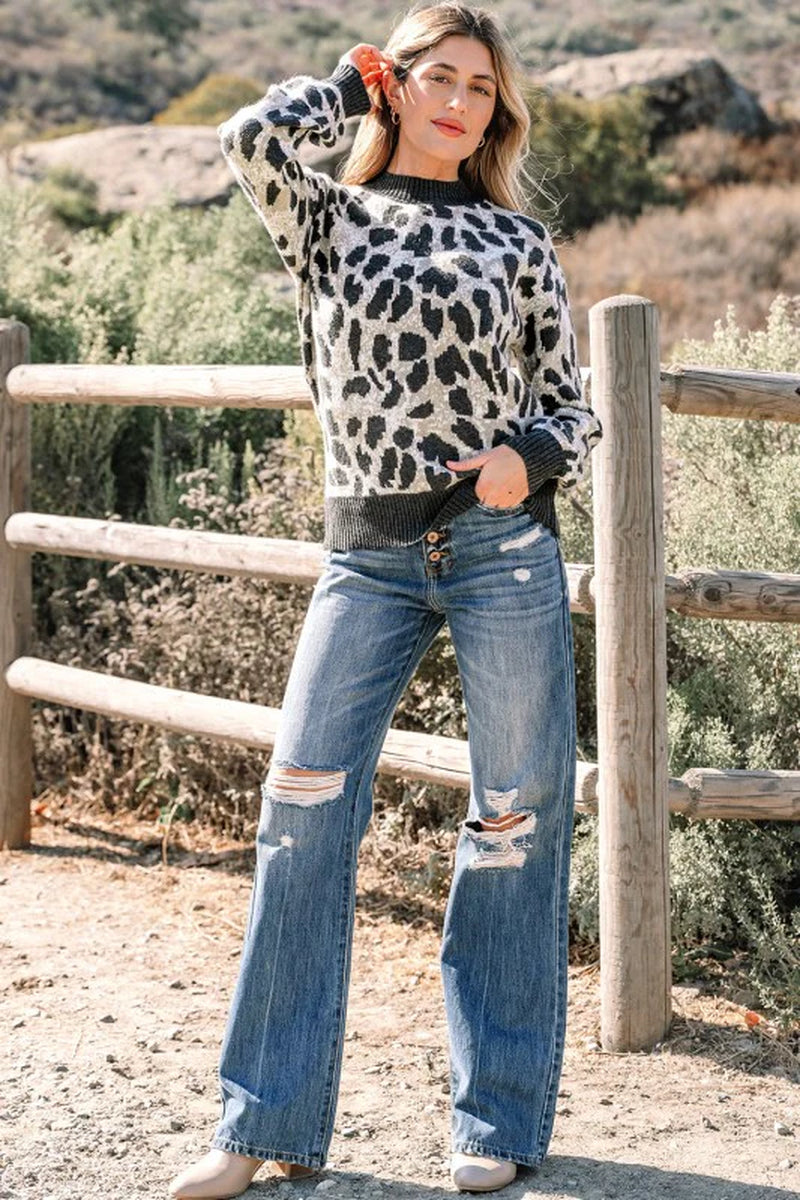 Leopard Contrast Trim Drop Shoulder Sweater