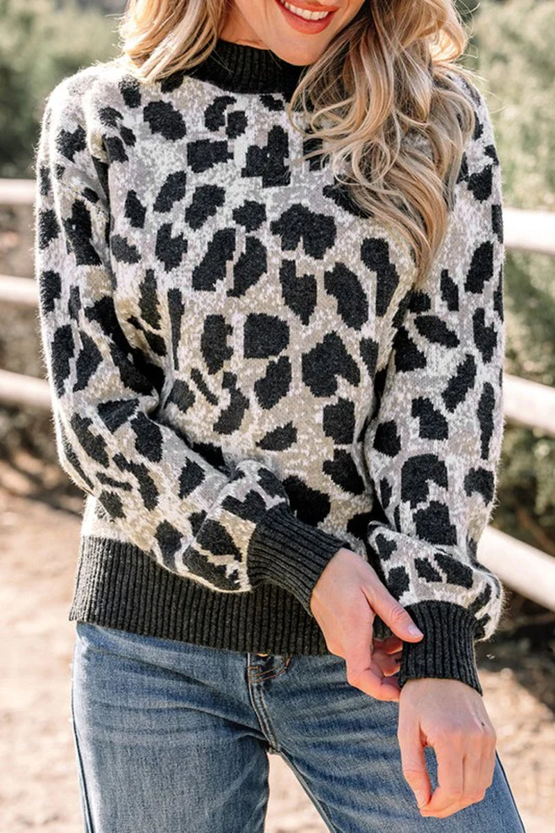 Leopard Contrast Trim Drop Shoulder Sweater