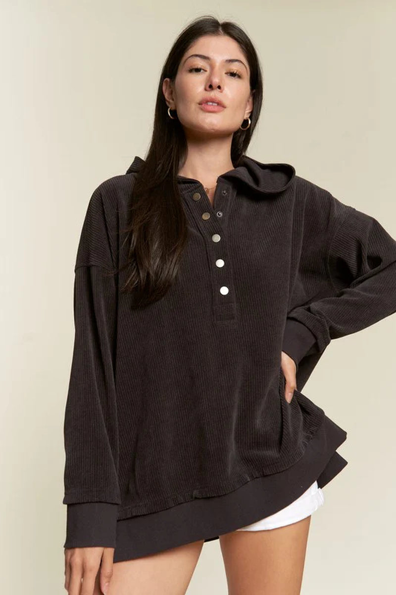 Long Sleeve Button down Ribbed Hooded Sweatshirt