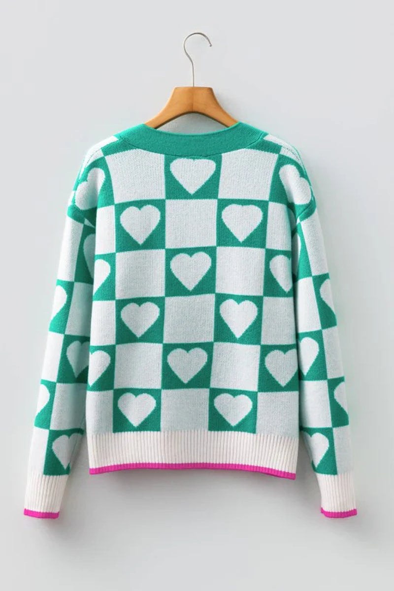 Valentines Heart Checker Buttoned V-Neck Cardigan