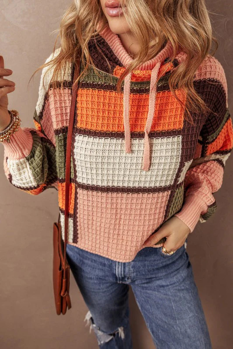 Colorblock Waffle Knit Mock Neck Sweater