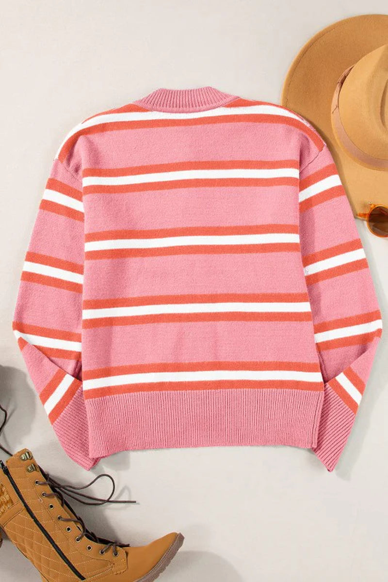 Stripe Drop Shoulder Buttoned Cardigan Sweater
