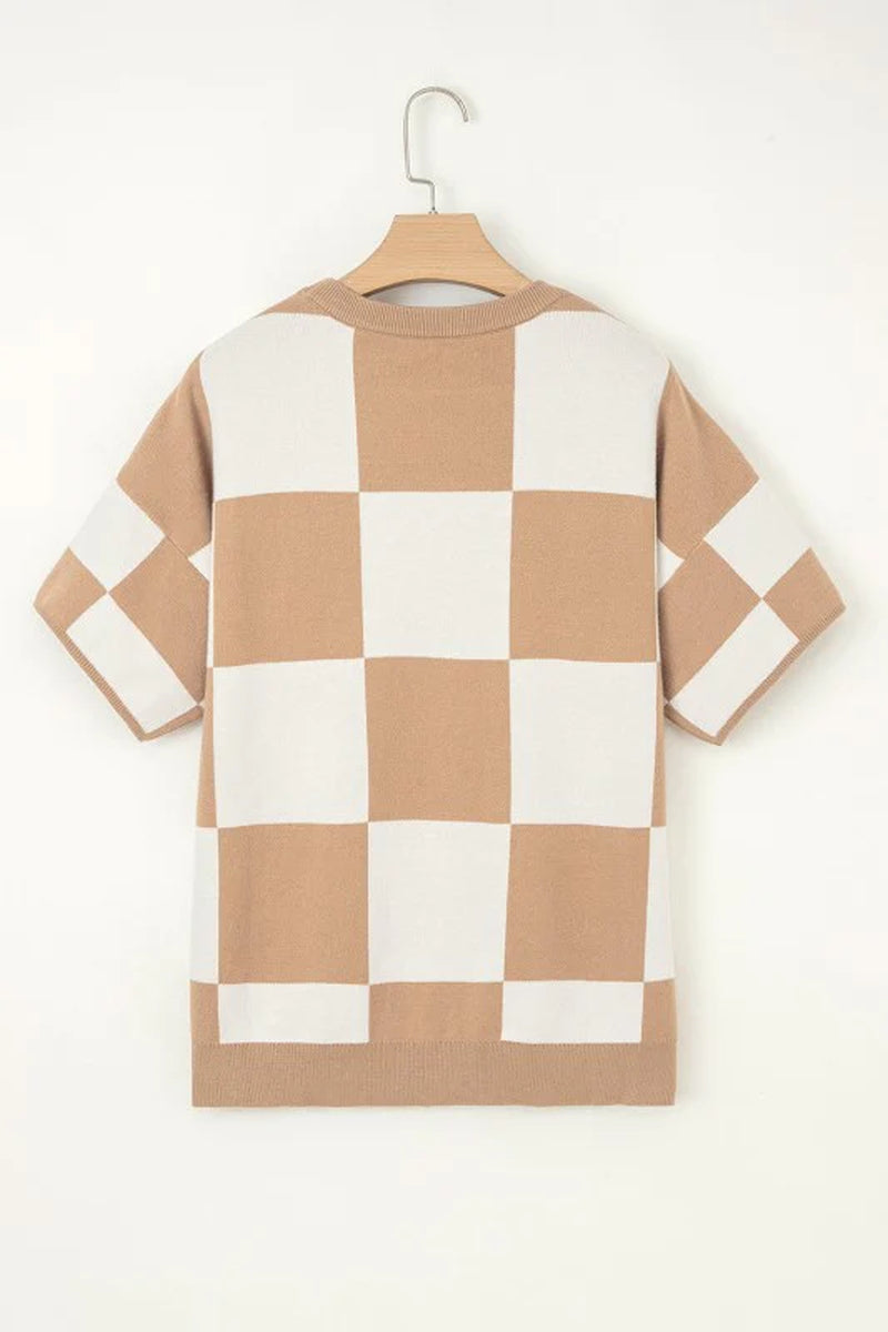 Checker Short Sleeve Drop Shoulder Sweater
