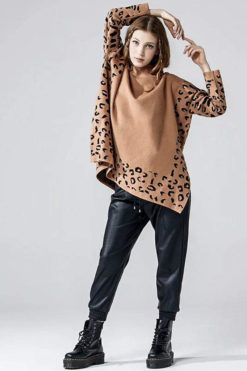 Plus Oversize Mockneck Leopard Print Sweater Tunic