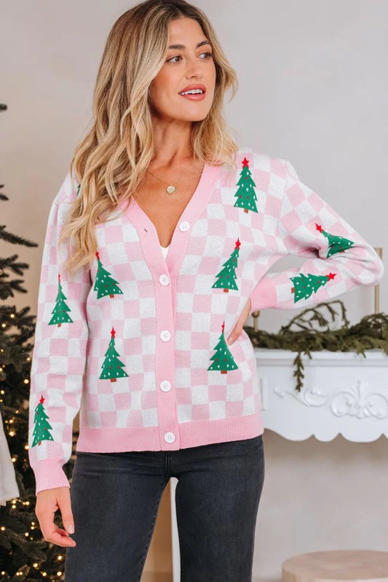 Checker Tree V-Neck Cardigan