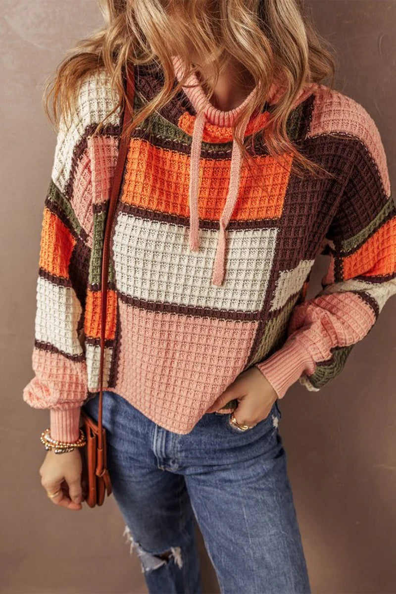 Colorblock Waffle Knit Mock Neck Sweater