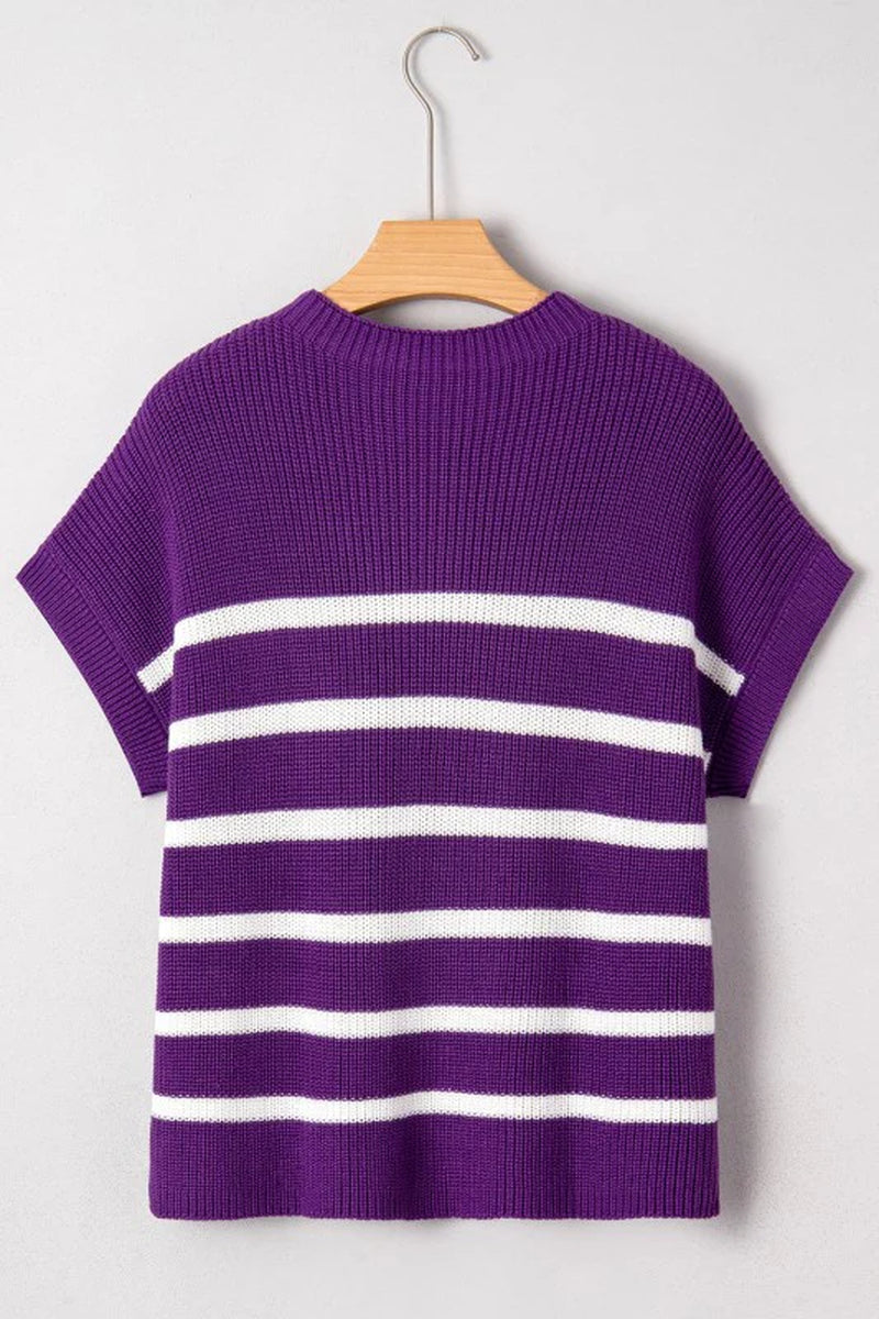 Stripe Patch Pocket Short Sleeve Knit Sweater