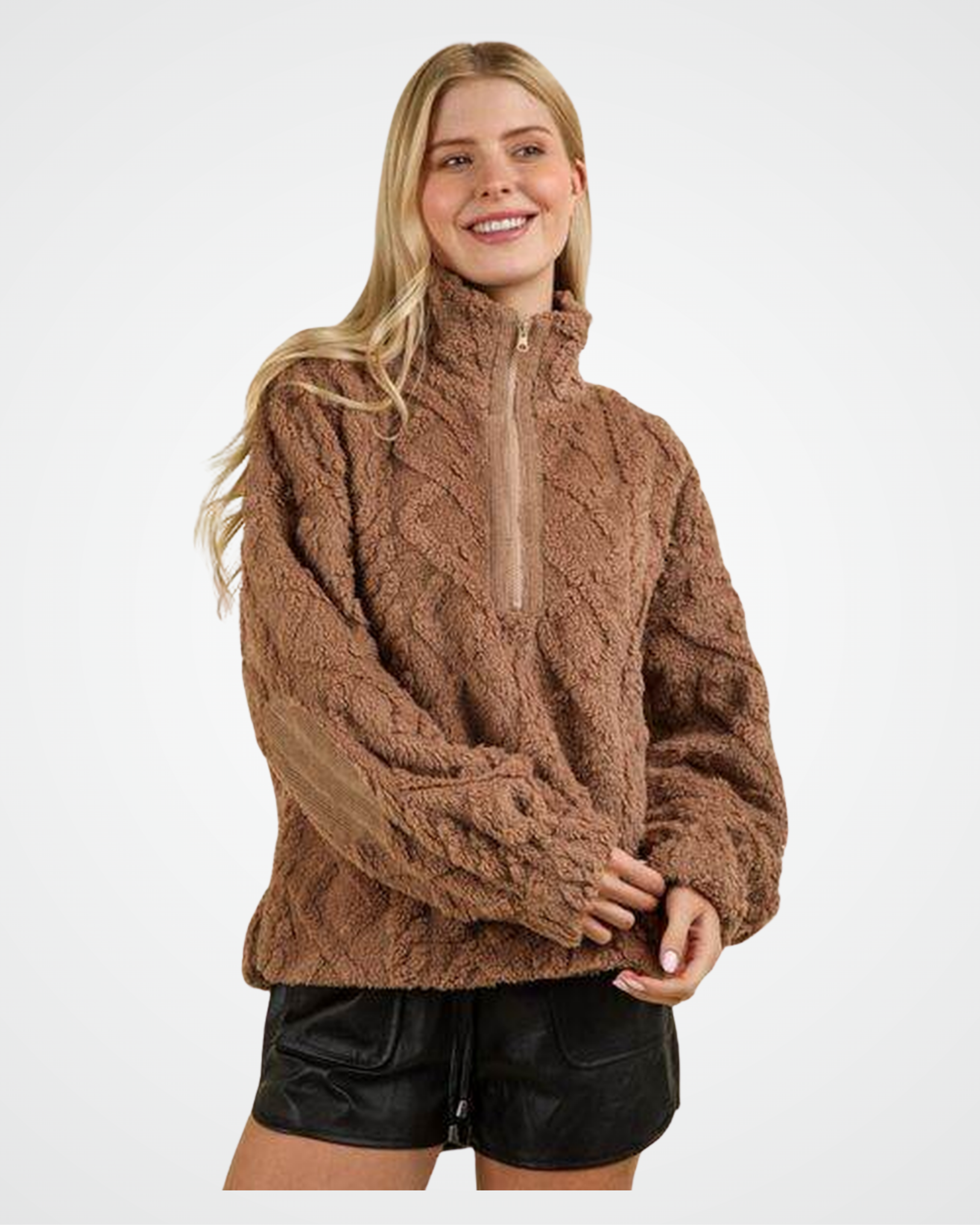 VERY J Fuzzy Fleece Half Zip Cable Pattern Sweatshirt