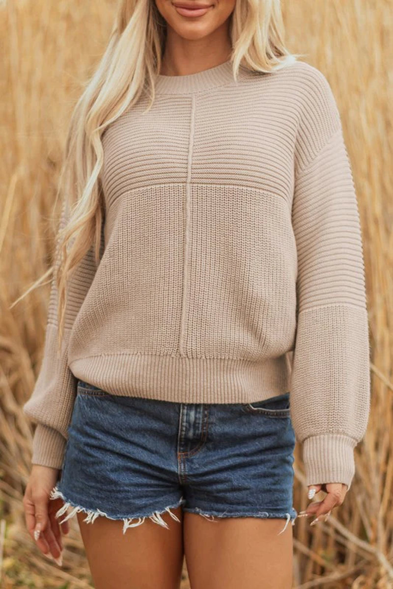 Ribbed Patchwork Textured Knit Puff Sleeve Sweater