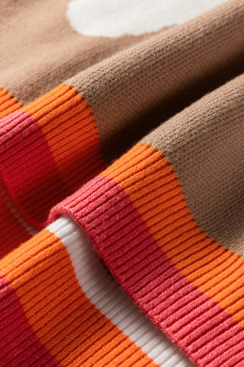 Flower Colorblock Contrast Stripe Baggy Sweater