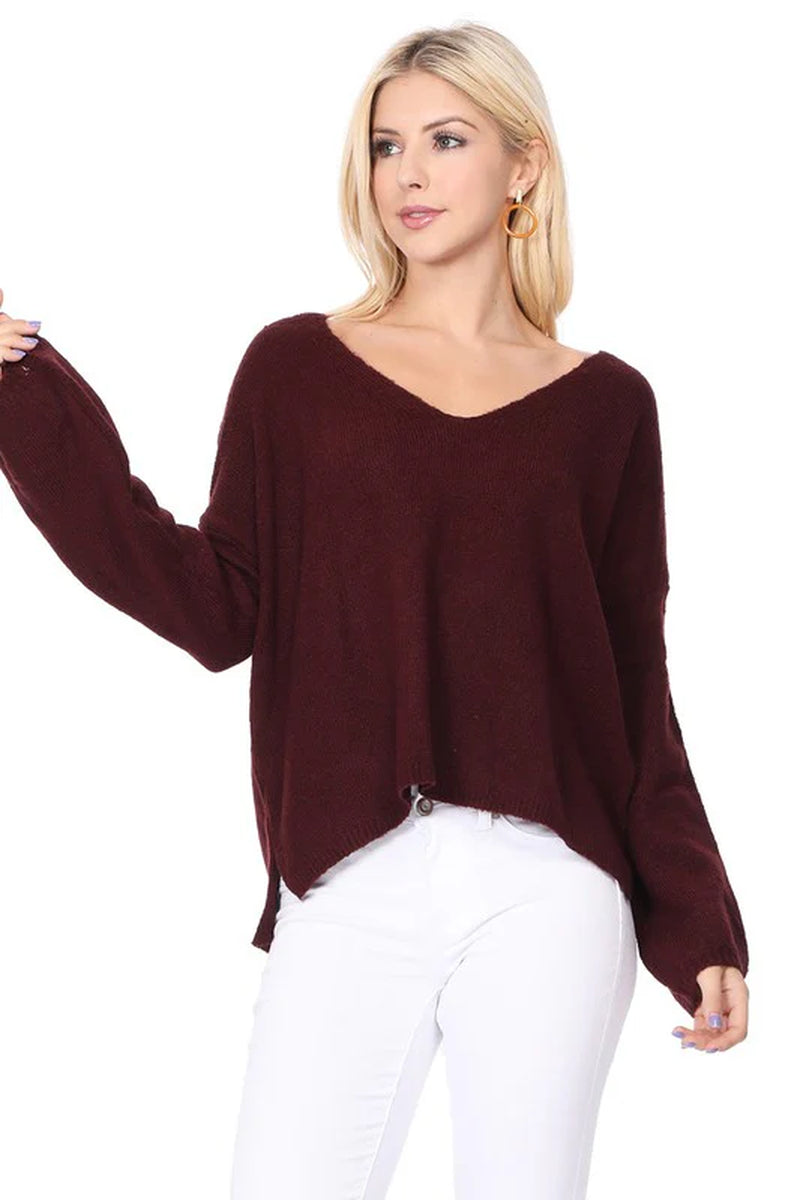 Wide V-Neck Oversized Sweater Top W. Side Slit