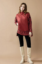 Oversized Mock Neck Leopard Print Sweater Tunic