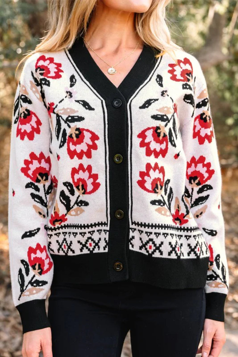 Floral Knit Button-Front V-Neck Cardigan