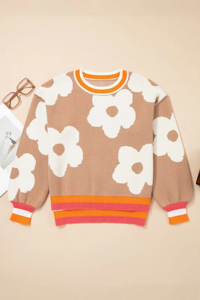 Flower Colorblock Contrast Stripe Baggy Sweater