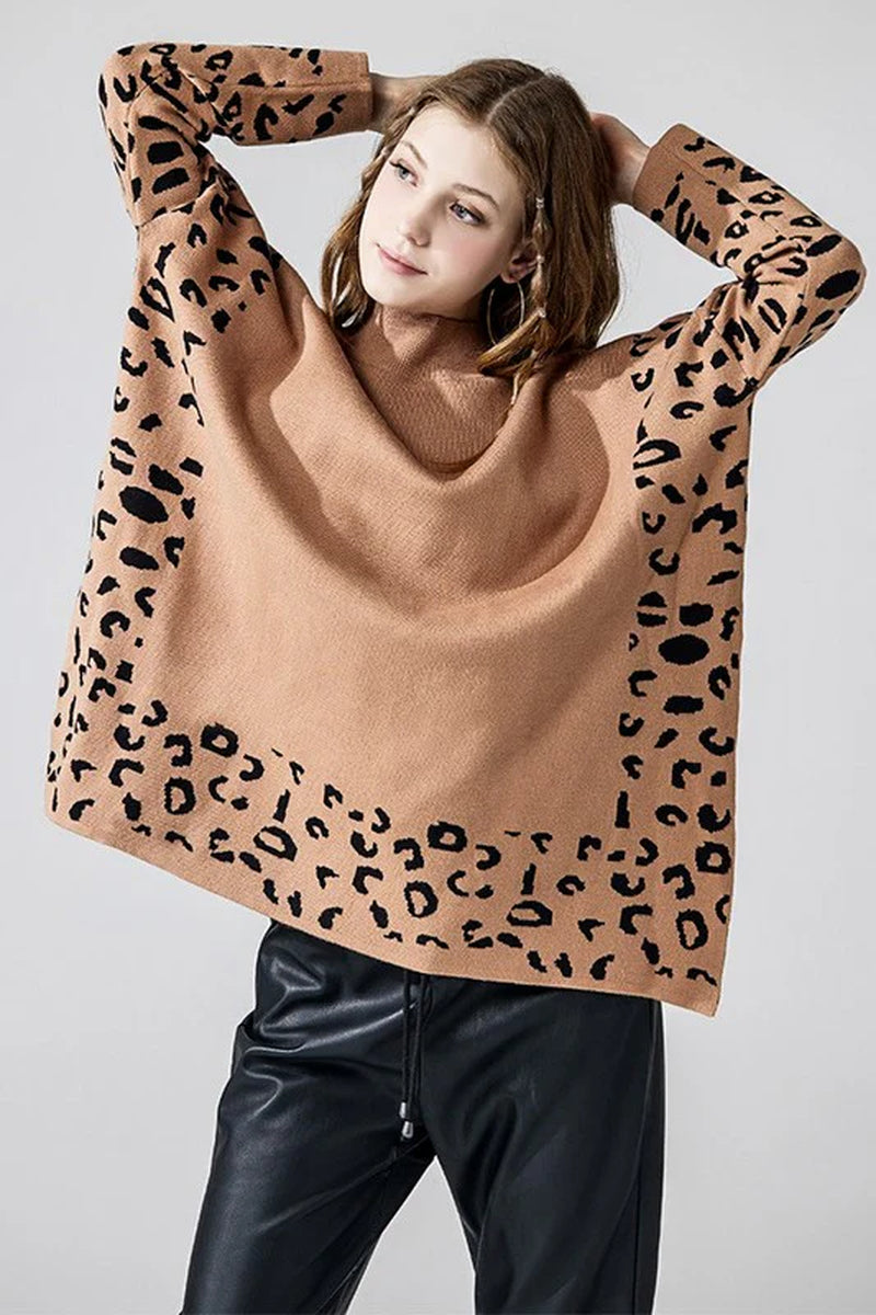 Plus Oversize Mockneck Leopard Print Sweater Tunic