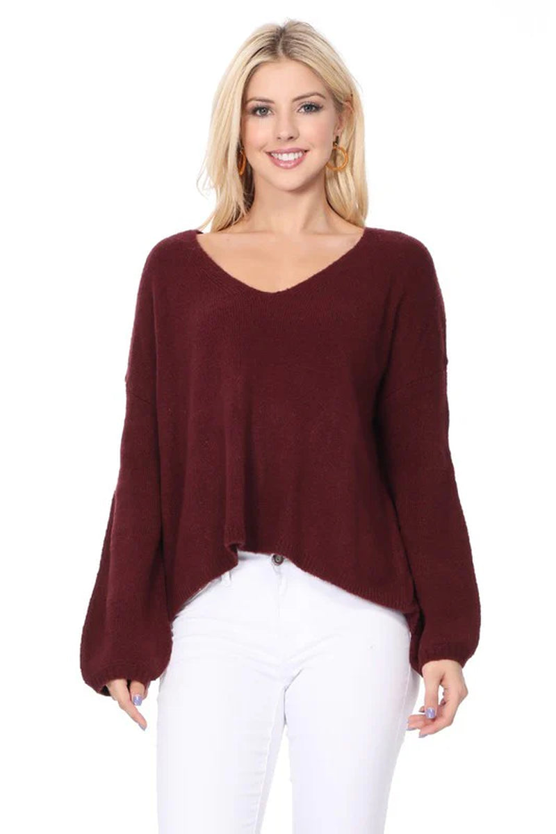 Wide V-Neck Oversized Sweater Top W. Side Slit
