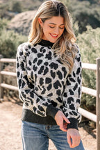 Leopard Contrast Trim Drop Shoulder Sweater