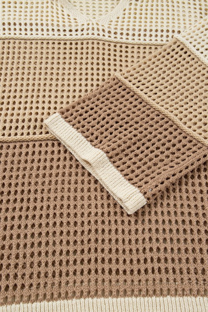 Plus Size Colorblock Hollowed Knit Hooded Sweater