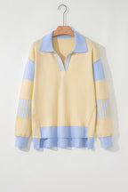 Stripe Colorblock Collared Drop Shoulder Sweater