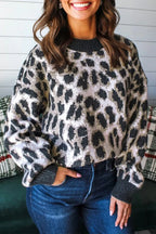 Leopard Contrast Trim Drop Shoulder Sweater