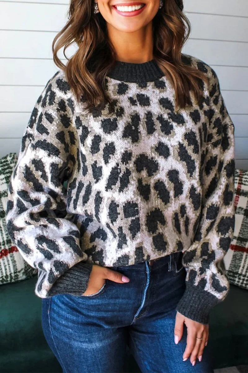 Leopard Contrast Trim Drop Shoulder Sweater