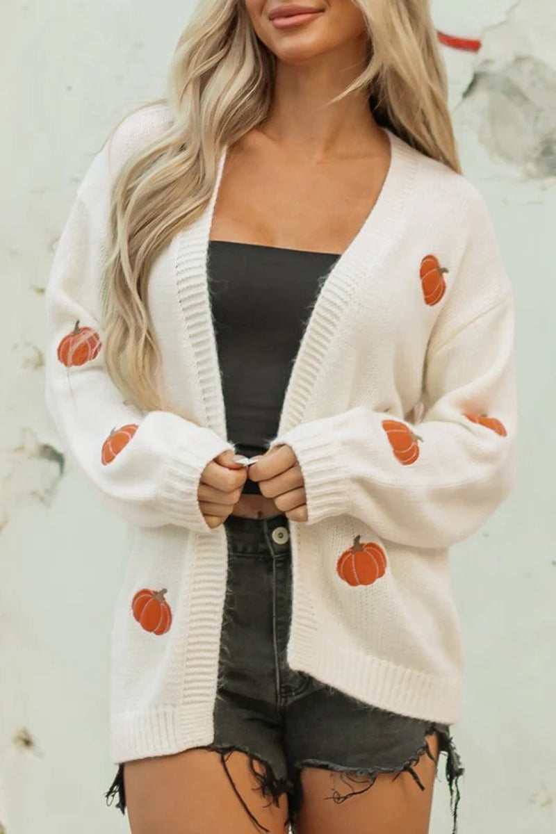 Pumpkin Embroidered Open Front Drop Shoulder Cardi