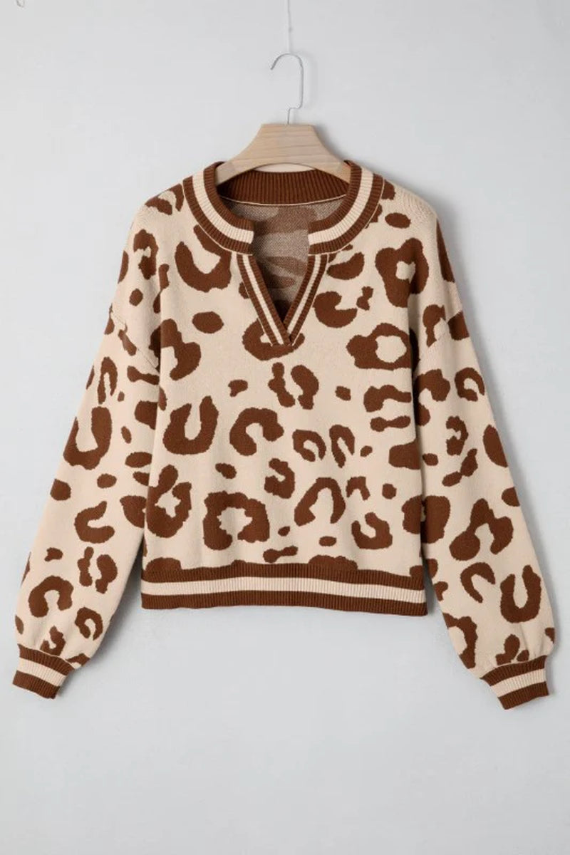 Leopard Knit V-Neck Sweater