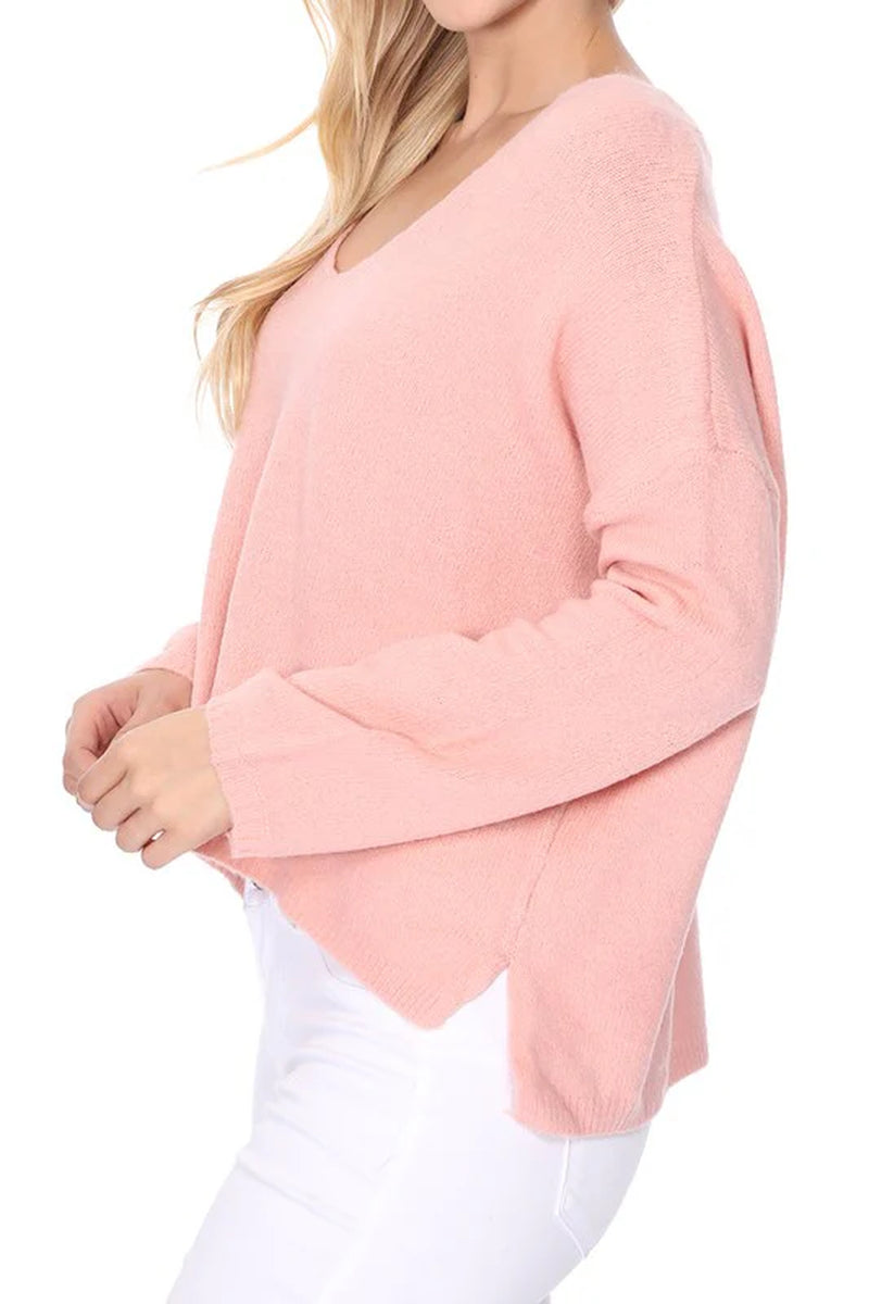 Wide V-Neck Oversized Sweater Top W. Side Slit