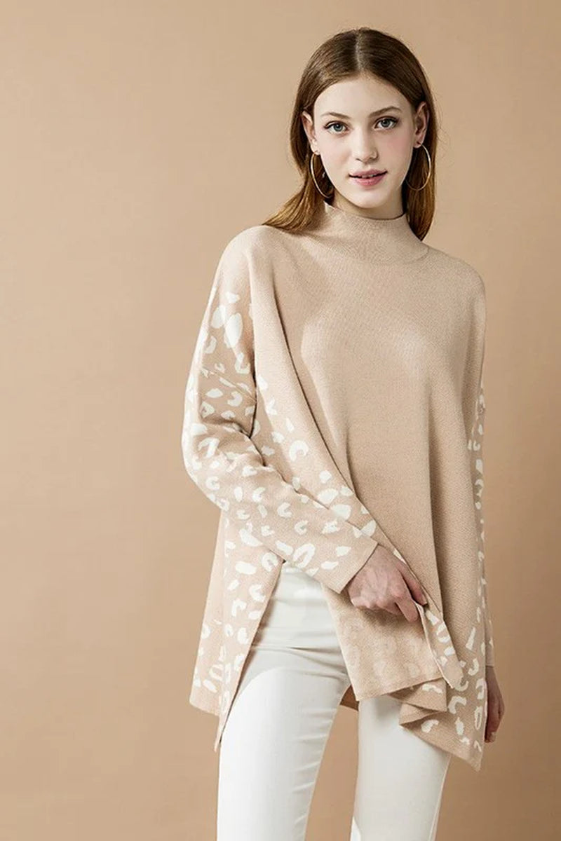 Oversized Mock Neck Leopard Print Sweater Tunic