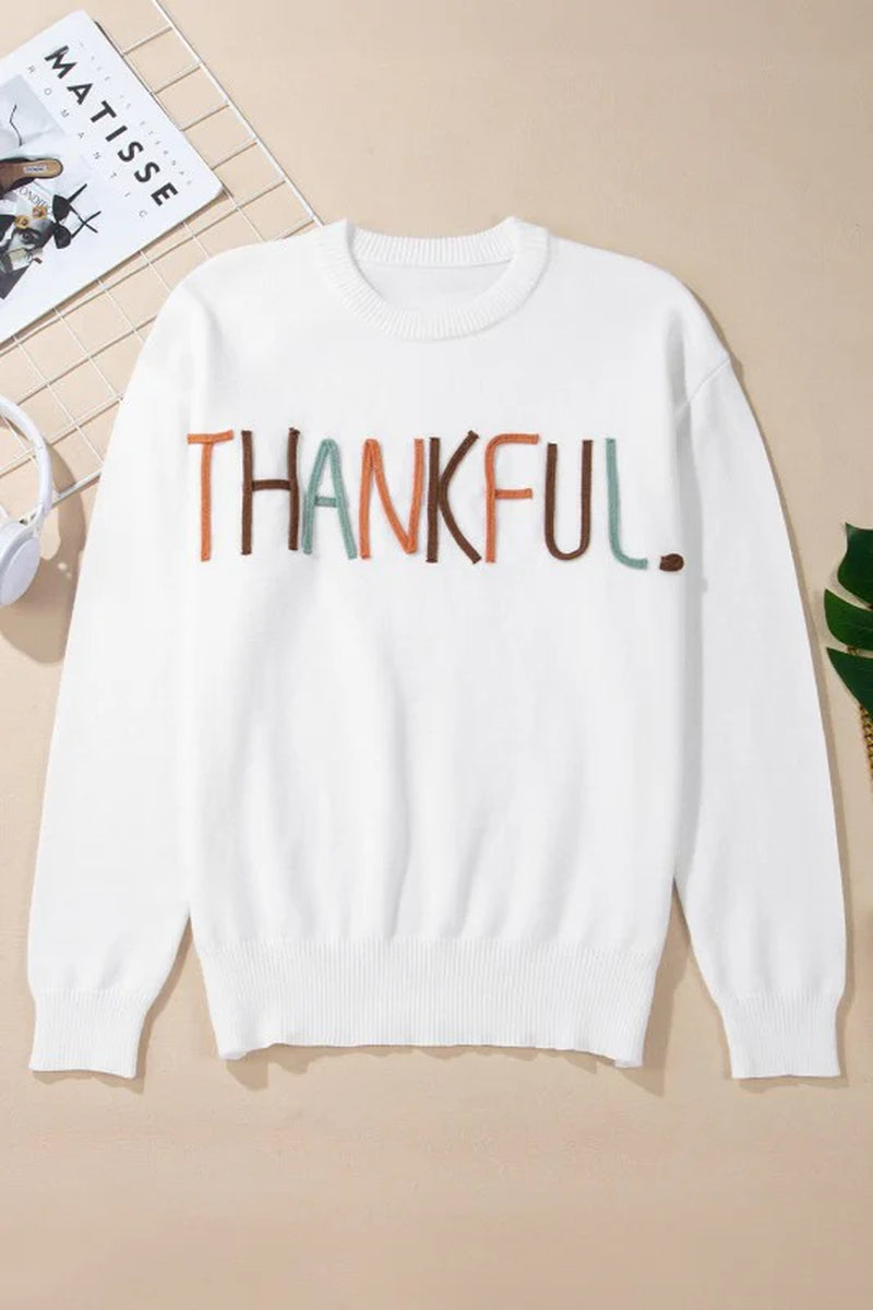 Thankful Embroidered Ribbed Trim Thanksgiving Swea