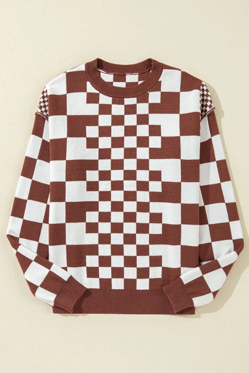 Checker round Neck Drop Shoulder Sweater