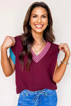 Colorblock V-Neck Cuffed Short Sleeve Sweater