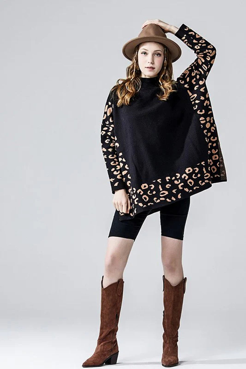 Oversized Mock Neck Leopard Print Sweater Tunic