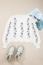 Floral Embroidered Scallop Hem Sweater