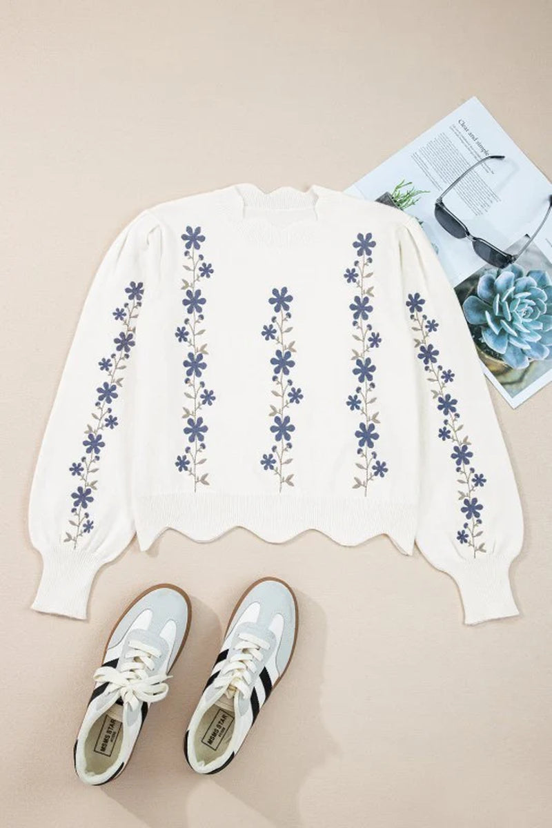 Floral Embroidered Scallop Hem Sweater